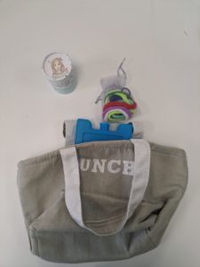 Grey bag with hair ties and ice block