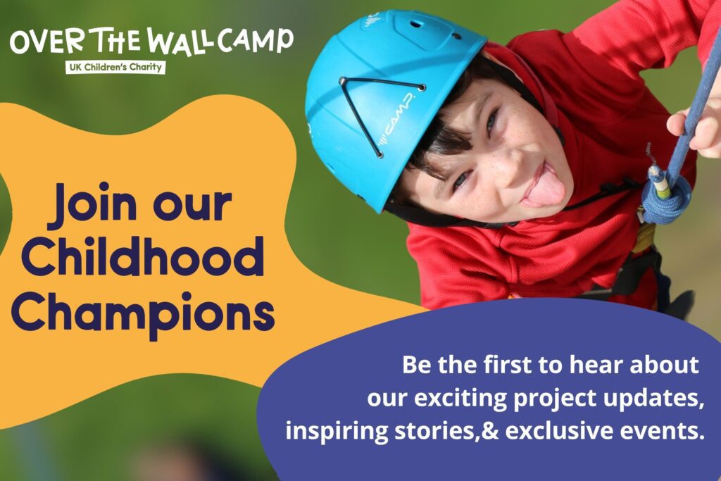 Boy wearing blue helmet climbing a wall sticking his tongue out next to copy about Childhood Champions