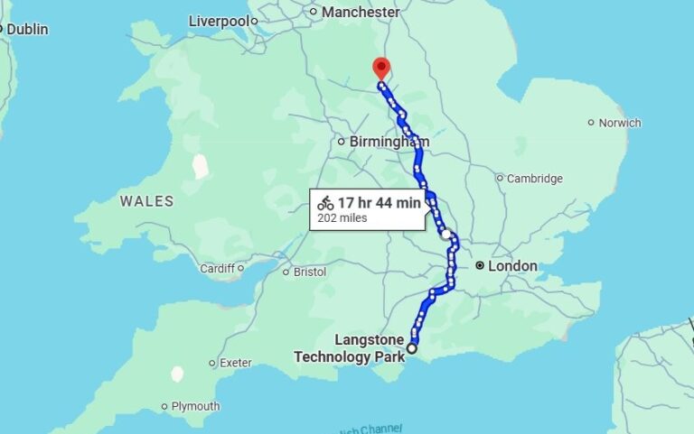 UK map showing route of a 200 mile bike ride from Havant to Ockbrook