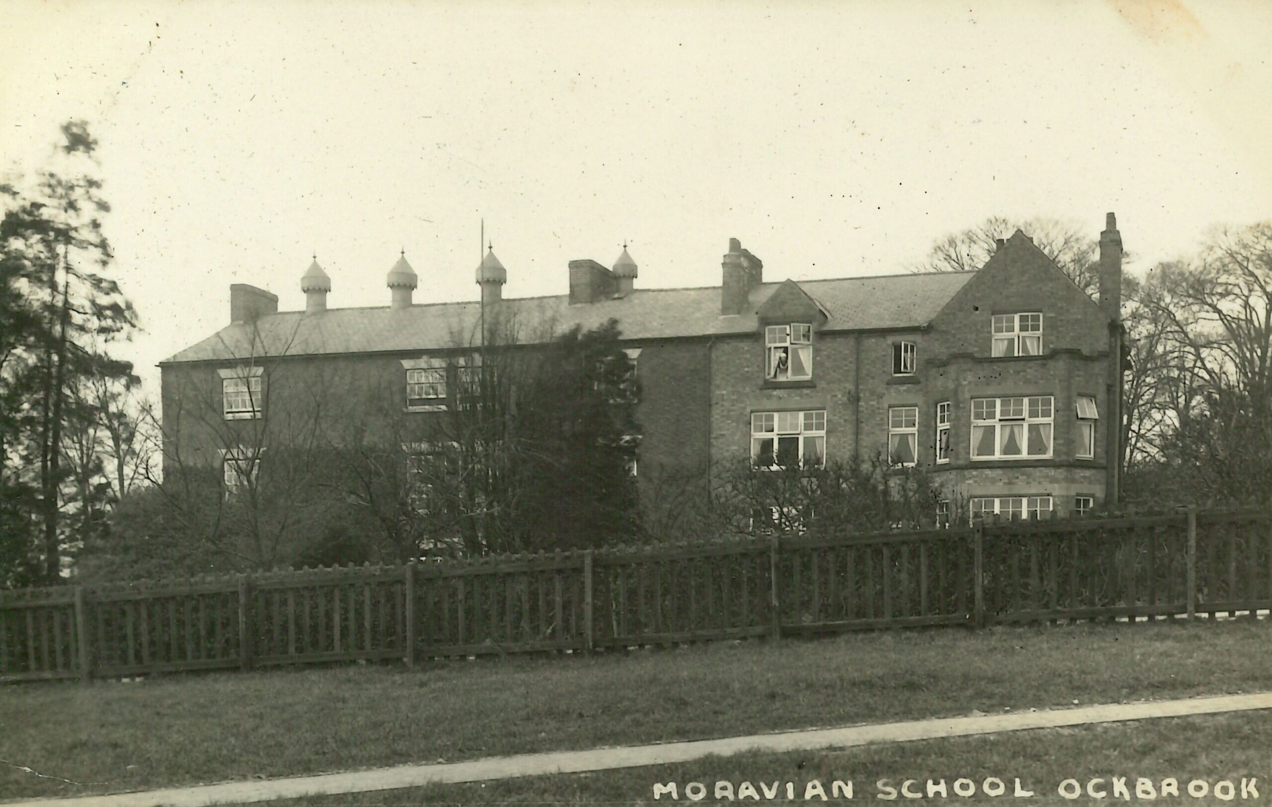 Black and white photo of an old school building at Ockbrook School