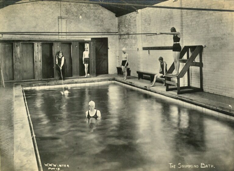 Black and white photo of Ockbrook School swimming pool